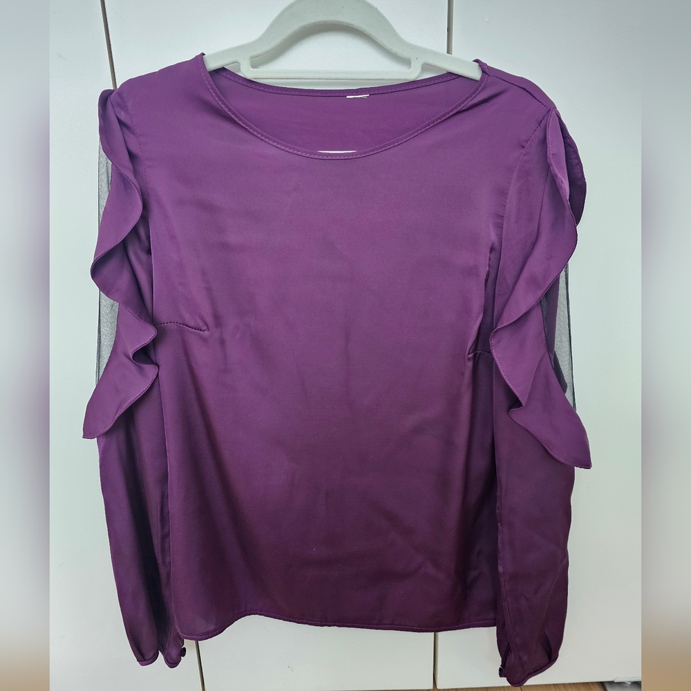 Women’s Purple Ruffle Sleeve Blouse – Viscose, Size S